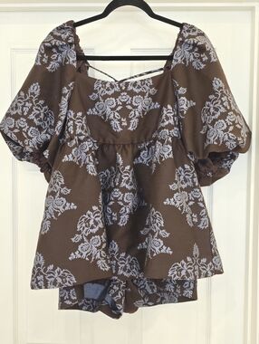 Anthropologie Brown Floral Puff-Sleeve Romper with Light Blue Print
